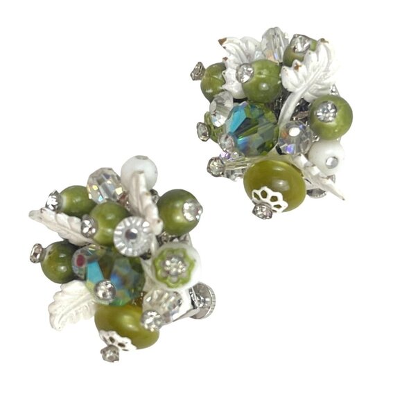 Vendome Vintage Beaded Clip-On Earrings With Green & White Beads Rhinestones & S - Picture 1 of 8